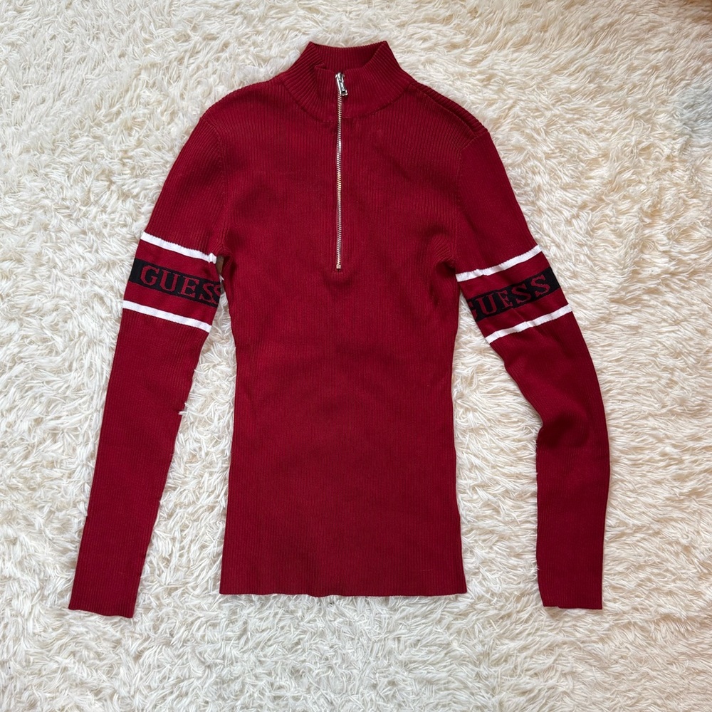 GUESS Women’s Red Ribbed Half-Zip Sweater